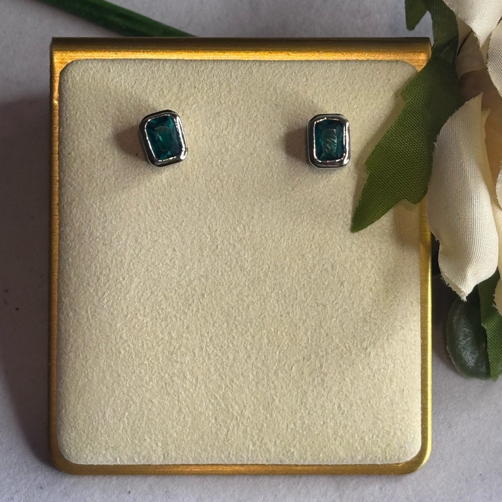 Green Emerald Crystal Bezel Stud Earrings In Silver Made with Swarovski Crystals